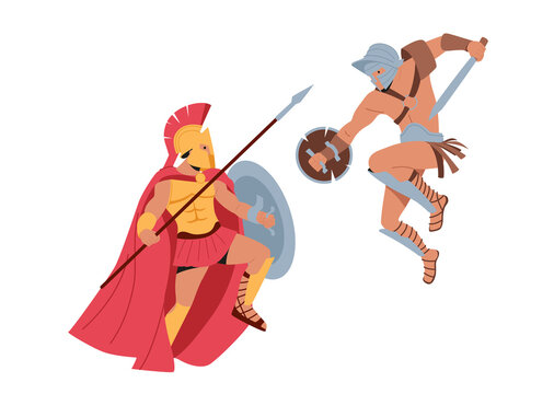 Legionary Soldiers, Roman Warriors, Gladiators Wear Helmet Holding Shield Fight on Coliseum Arena. Ancient History