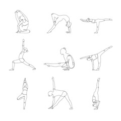 ine drawing set of women exercising yoga vector illustration