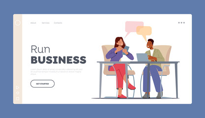 Naklejka premium Business People Think Idea Landing Page Template. Teamwork, Brainstorm. Creative Team Man and Woman Discuss Project