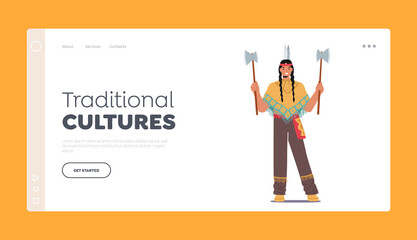 Traditional Cultures Landing Page Template. Indian American Indigenous Warrior with Axes, Native Aboriginal Person