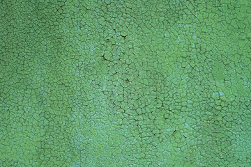 Old cracked green paint background. Closeup texture of old paint on a metal surface. Many cracks from dried paint.