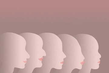 Faces of women in profile with grain effect and pink lips. Feminists different nationalities and cultures
