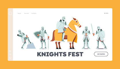 Knights Fest Landing Page Template. Medieval Warrior Wear Armor and Sword. Ancient Soldier Pull Saber from Stone