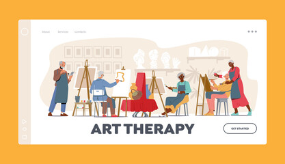 Art Therapy Landing Page Template. Old Men and Women Learn Drawing in Studio. Elderly Characters Sit at Easel