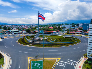 Beautiful aerial view of the new Flag roundabout in Costa Rica, Rotonda de la bandera, un San José