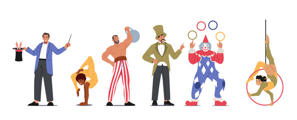 Set Circus Artists Characters. Magician with Rabbit, Gymnast and Acrobat, Strongman with Dumbbell, Ringmaster and Clown © Anna Syvak