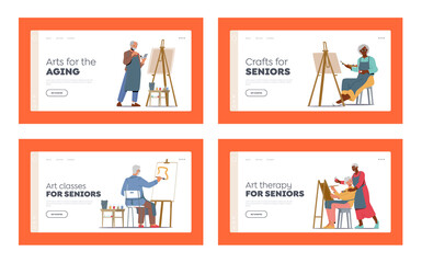 Art Therapy Landing Page Template Set. Old Men and Women Learn Drawing in Studio. Elderly Characters Sit at Easel