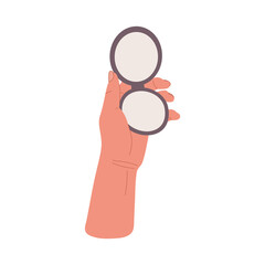 Hand holding round and small pocket mirror.Flat illustration