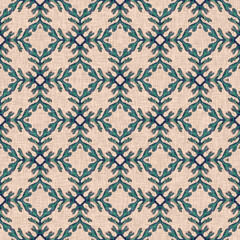 Fototapeta premium Coastal coral reef geometric quilt style linen pattern. Seamless marine fabric effect background for nautical home decor. Natural kelp geo damask in hand drawn watercolor tile print.