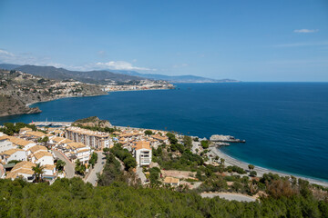 Fototapeta na wymiar Elevated view of the beaches and coves of Almuñécar (Granada, Spain) on the Mediterranean coast of Andalusia