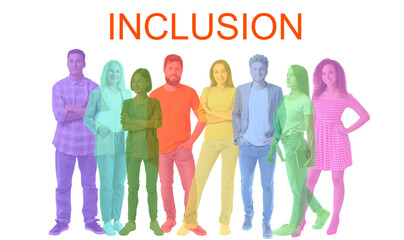 Many different people and word INCLUSION on white background