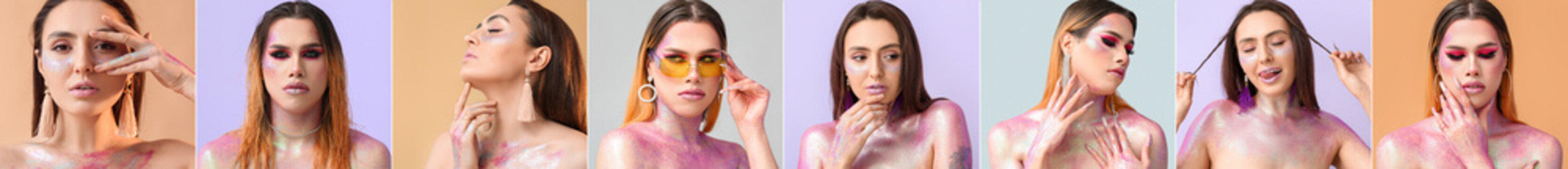 Set of fashionable transgender woman and young girl with glitters on body against colorful background