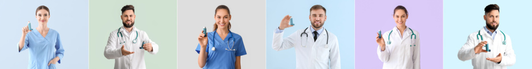 Set of doctors with inhalers on colorful background