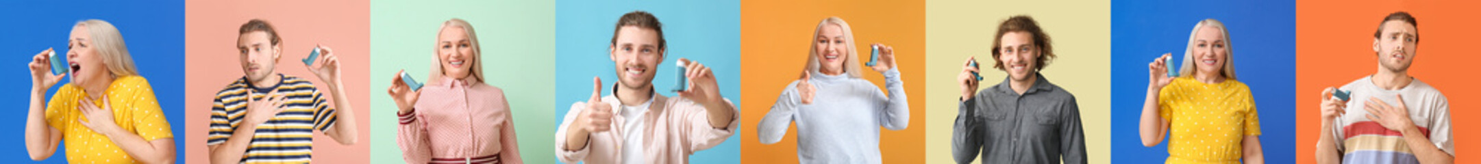 Many people with inhalers on colorful background
