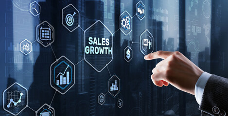 Sales Growth Man clicks inscription on virtual 3D screen