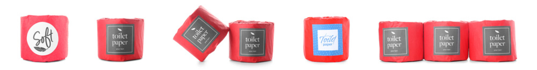 Set of red toilet paper isolated on white