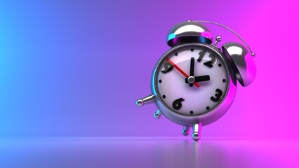 Levitating metal alarm clock isolated on blue-pink background with empty space. 3D render Hi Resolution Concept art
