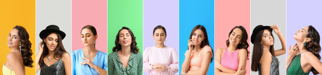 Set of fashionable young women with glitters on body against colorful background