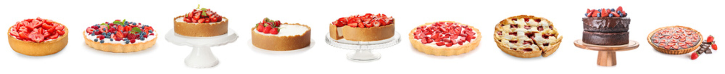 Set of tasty cakes with juicy strawberry on white background