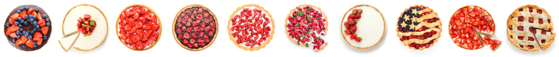 Set of tasty cakes with juicy strawberry on white background, top view