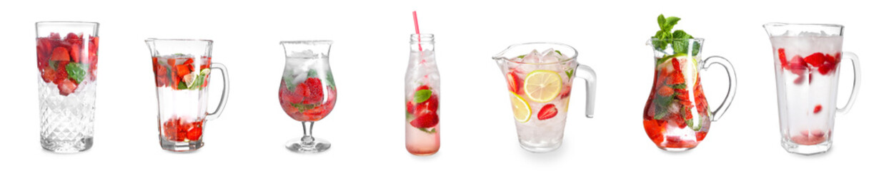 Set of fresh strawberry lemonades on white background