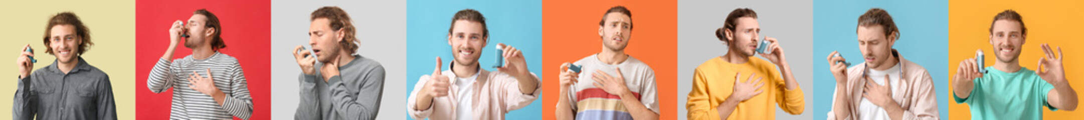 Set of young man with inhaler on colorful background