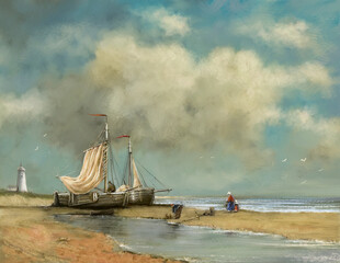 Fishing boat on the beach. Oil paintings sea landscape, old ships. Fine art.