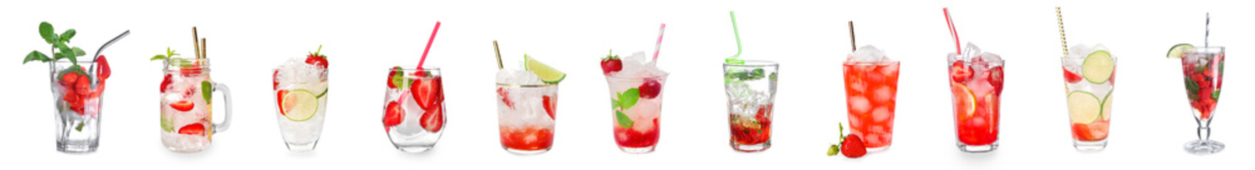 Set of fresh strawberry lemonades on white background - Powered by Adobe