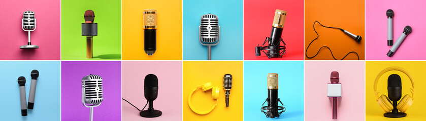 Set of different microphones on colorful background - obrazy, fototapety, plakaty