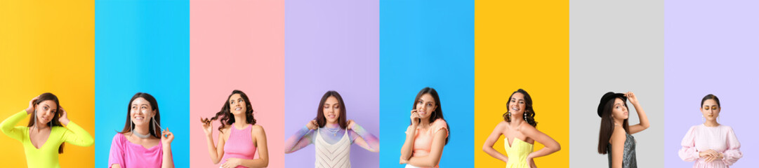 Set of fashionable young women with glitters on body against colorful background