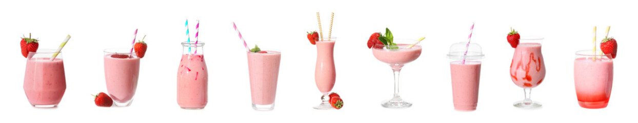 Set of tasty strawberry cocktails on white background