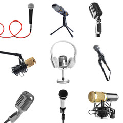 Set of different microphones isolated on white