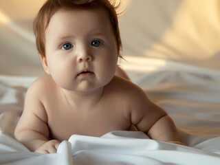 Just beautiful. Cute smiling baby. Cute 3 month old Baby girl infant on a bed on her belly with...