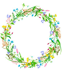 An elegant wreath of wildflowers and wild herbs. Hand-drawn watercolor clipart. Design elements for cards, invitations, posters, fabric prints, patterns, stationery..