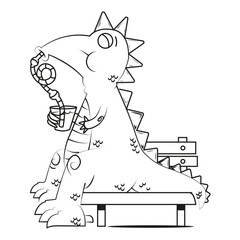 Cute drawing about a happy dino drinking juice sitting on a park bench