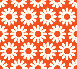 Cute cartoon groovy seamless pattern. 70s retro nostalgic textile design. Vintage geometric flowers 60s hippie style background. Floral checkerboard grid funny print.