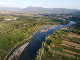 Aerial Sunset view of Struma river passing, Bulgaria