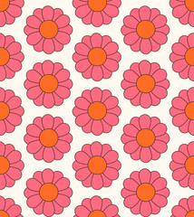 Fototapeta na wymiar Cute cartoon groovy seamless pattern. 70s retro nostalgic textile design. Vintage geometric flowers 60s hippie style background. Floral checkerboard grid funny print.