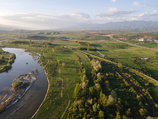 Aerial Sunset view of Struma river passing, Bulgaria