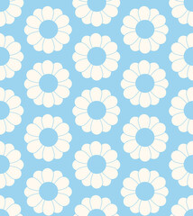 Cute cartoon groovy seamless pattern. 70s retro nostalgic textile design. Vintage geometric flowers 60s hippie style background. Floral checkerboard grid funny print.