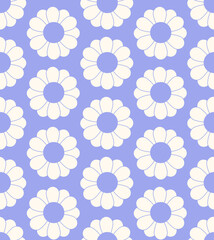 Cute cartoon groovy seamless pattern. 70s retro nostalgic textile design. Vintage geometric flowers 60s hippie style background. Floral checkerboard grid funny print.