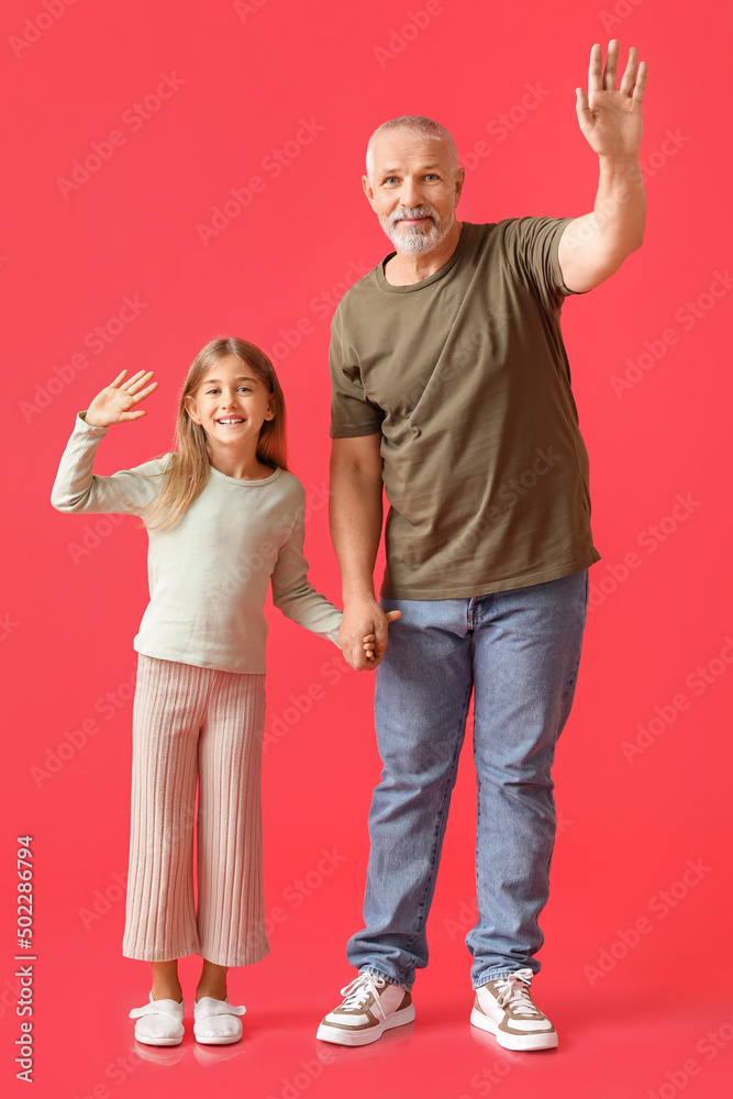 Wall mural Little girl with her grandfather waving hands on red background