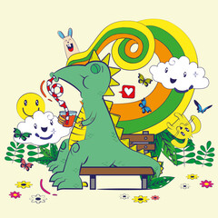 The taste of orange juice makes our dino friend imagine rainbows and funny animals and feel butterflies