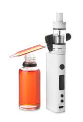 Modern vape mod and oil on white background