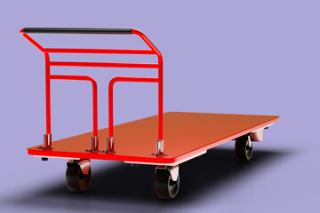 Warehouse cart red colors. Large trolley for transporting goods. 3d rendering.