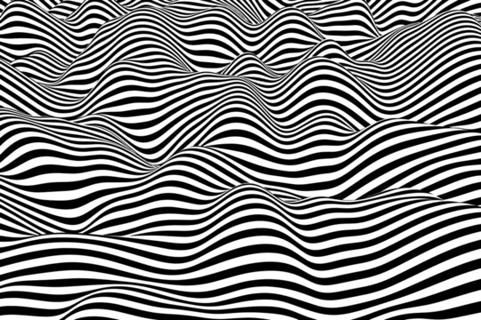 Monochrome wavy wallpaper surface. Black and white curved lines background design. Trendy wave folds pattern texture