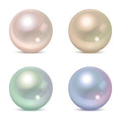 Set of four iridescent realistic pearls of different color with shadow isolated on the white background. 3d nacre balls. Festive design element.