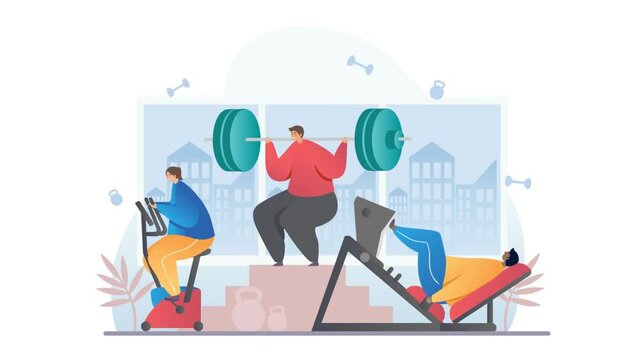Healthy lifestyle video concept. Moving men and women do sports, lift barbell, ride bike and strengthen muscles in gym. Workout or train. Physical activity. Graphic animated cartoon in gradient style