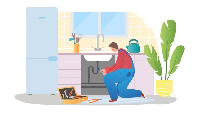Home master and repairman video concept. Young moving male plumber repairs broken pipe under sink and cleans blockage. Specialist conducts water and sewerage. Flat modern graphic animated cartoon