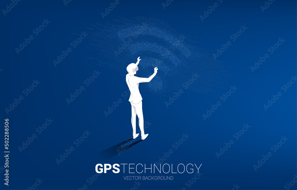 Poster Silhouette businessman wear VR glasses with wi-fi mobile data icon with one and zero binary code matrix. Concept for data transfer of mobile and wi-fi data network.